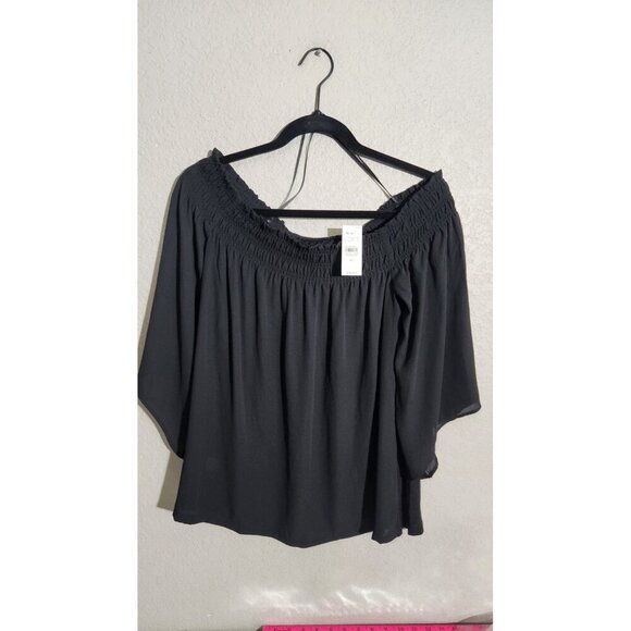 LOFT Tops - LOFT Off Shoulder Top Womens XS Black Smocked Neck Flowy Bell Sleeve Blouse New
